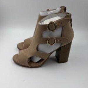 Apt, 9 Tan Block Heel Sandals with Cutouts, Peep Toe and Buckle Closure Size 5M